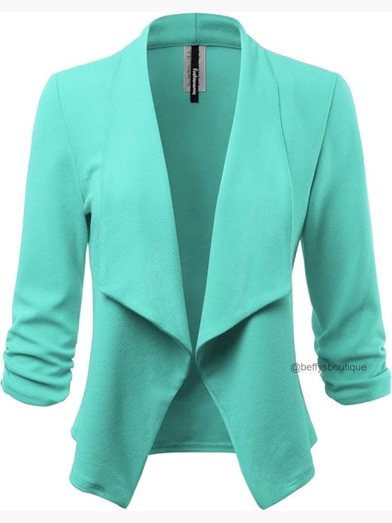 Women's Stretch 3/4 Gathered Sleeve Open Blazer Jacket Made In Usa